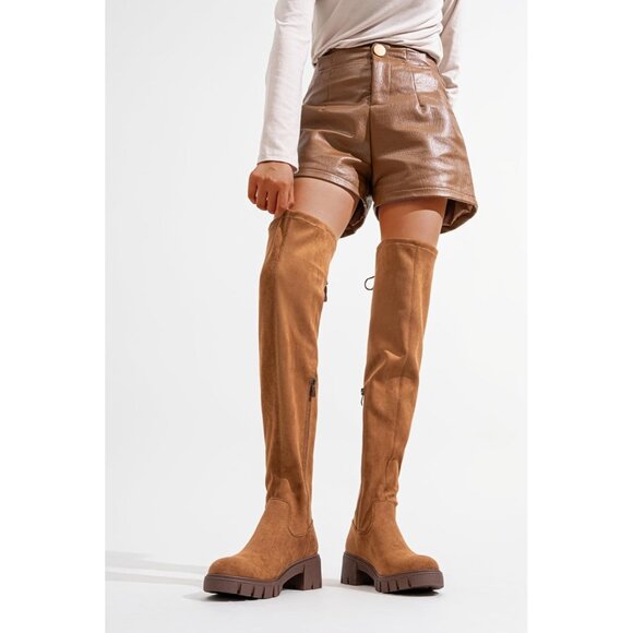 Women's Platform Boots-990-camel Over The Knee Thigh High Round Toe Long Boot - Picture 2 of 8